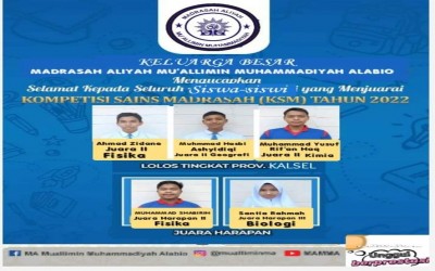 Bismillah.. Sebuah prestasi yg sangat membanggakan MAS Mu'allimin Muhammadiyah Alabio. Sebab tiga orang Siswa kami bisa mewakili Hulu Sungai Utara di tingkat Prov. Kalsel, Pada mapel Fisika, Georafi dan Kimia. Mohon doa semoga bisa juara di ting